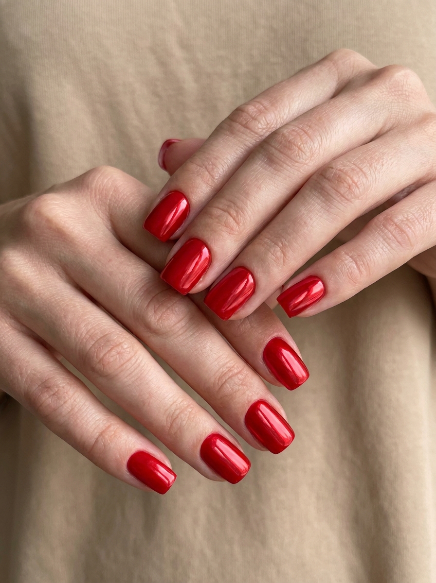 Scarlet Chrome Square Nails mit eckiger Form und klarem Rot